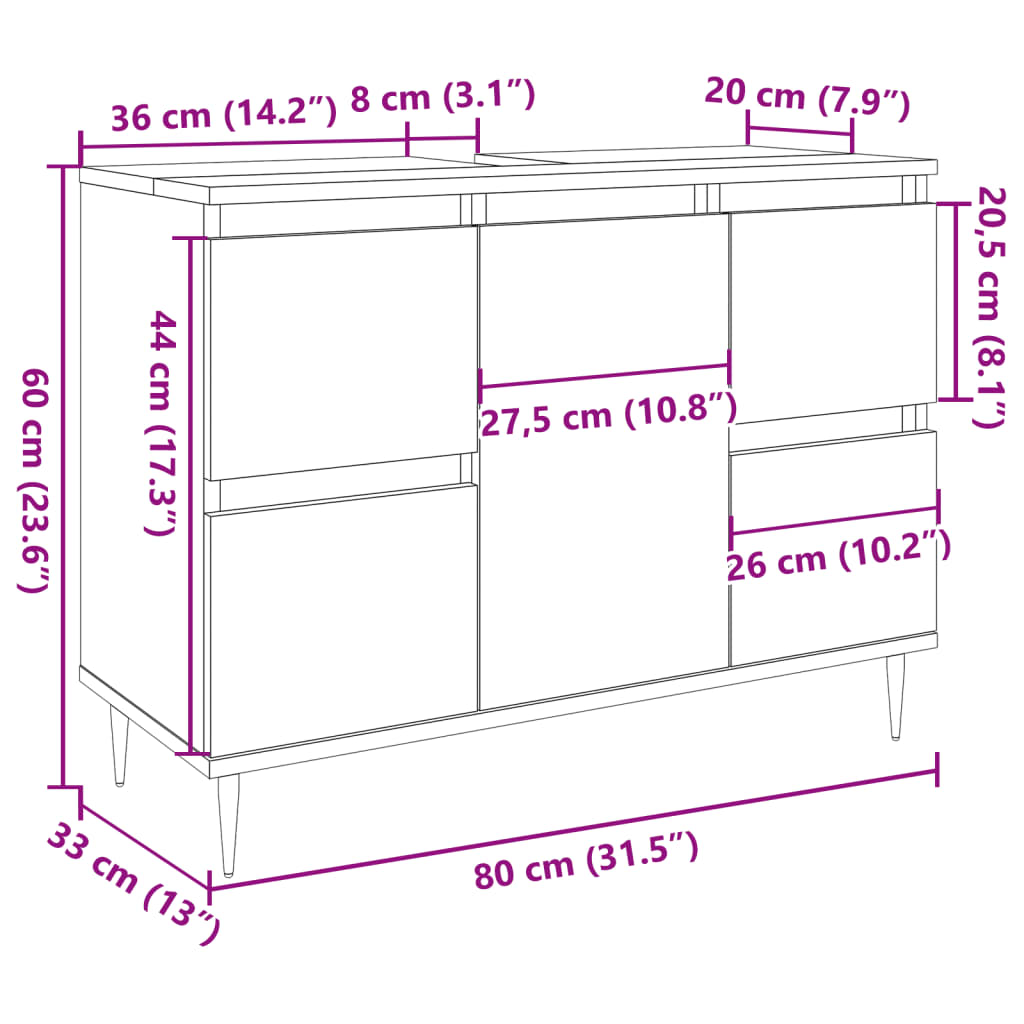 vidaXL Mueble de baño madera de ingeniería gris hormigón 80x33x60 cm