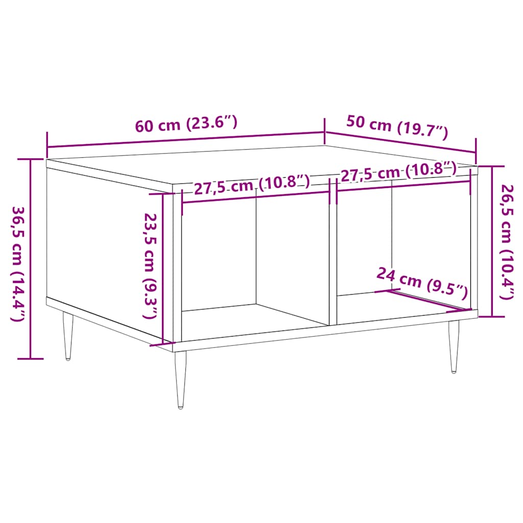 vidaXL Mesa de centro madera de ingeniería roble artisan 60x50x36,5 cm