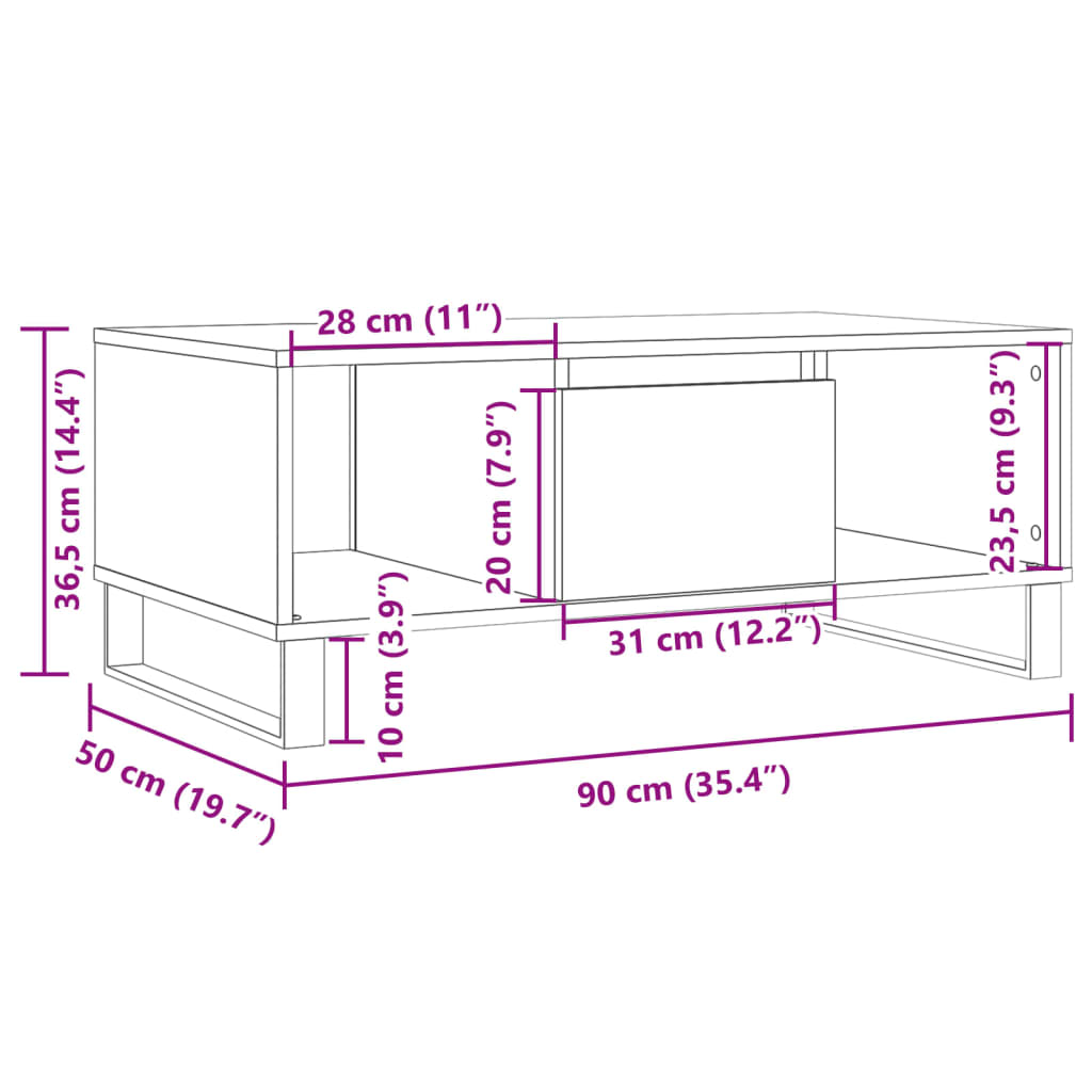 vidaXL Mesa de centro madera de ingeniería roble artisan 90x50x36,5 cm