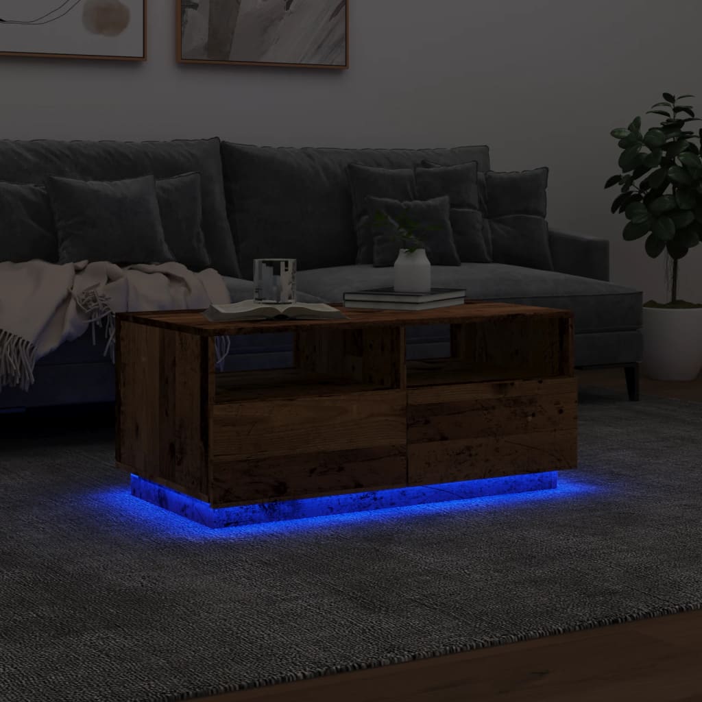 vidaXL Mesa de centro con luces LED madera envejecida 90x49x40 cm