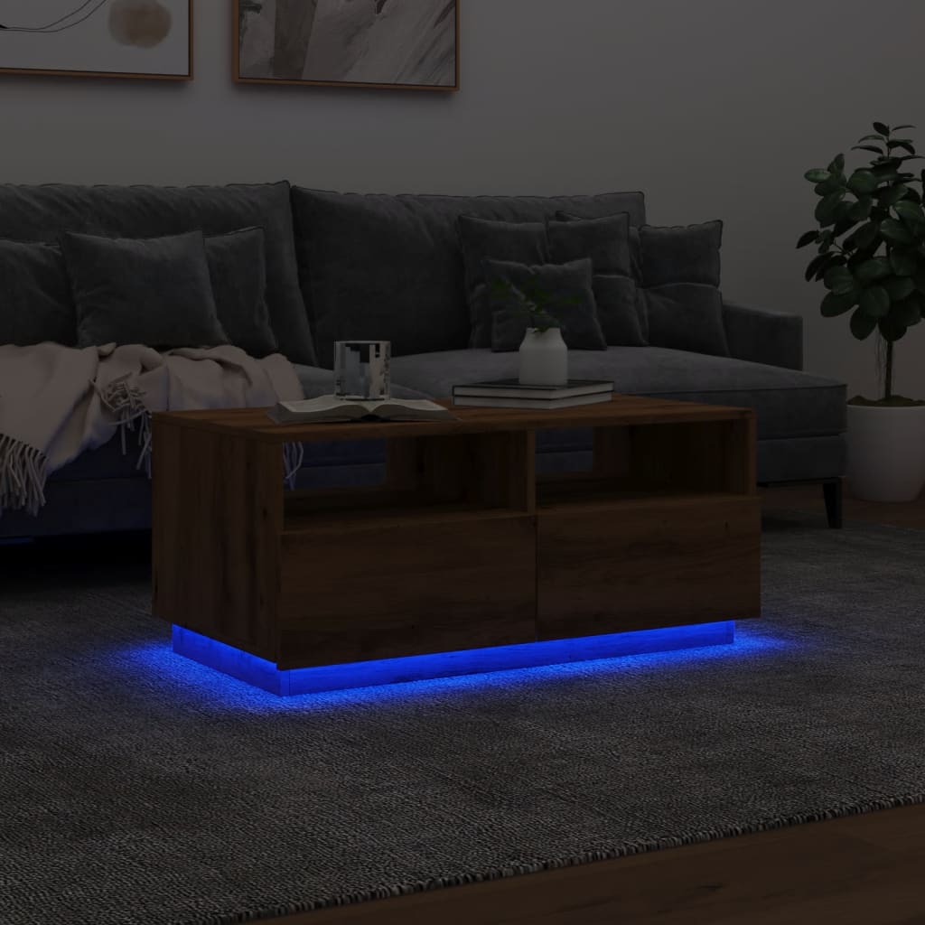 vidaXL Mesa de centro con luces LED roble artesanal 90x49x40 cm