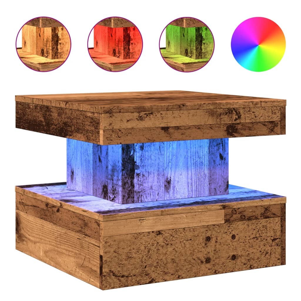 vidaXL Mesa de centro con luces LED madera envejecida 50x50x40 cm