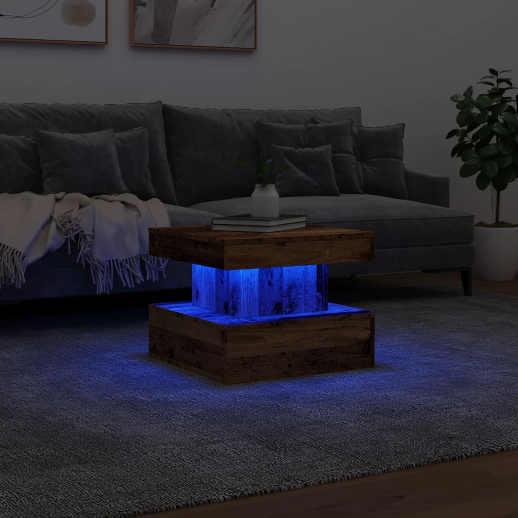 vidaXL Mesa de centro con luces LED madera envejecida 50x50x40 cm