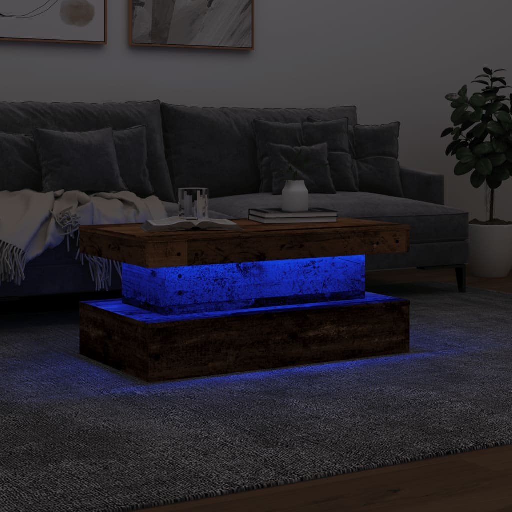 vidaXL Mesa de centro con luces LED madera envejecida 90x50x40 cm