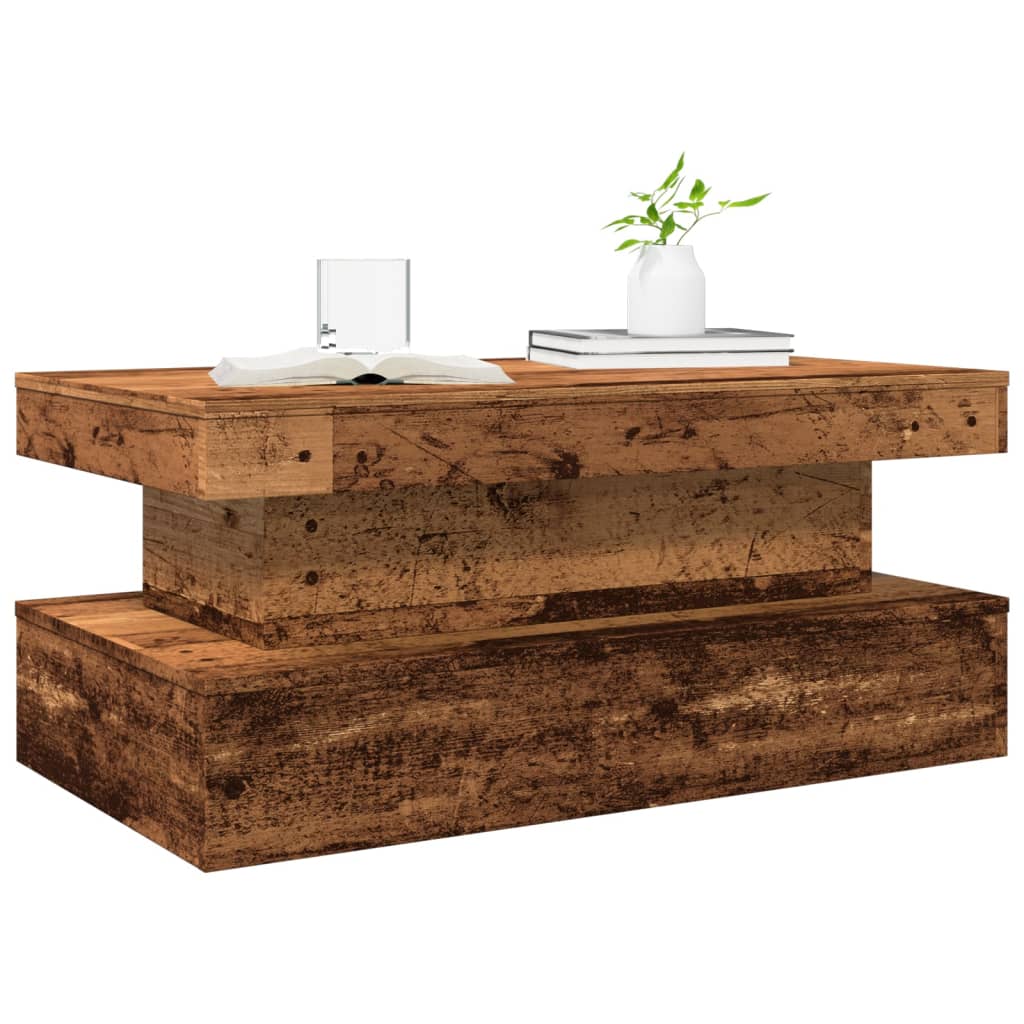 vidaXL Mesa de centro con luces LED madera envejecida 90x50x40 cm