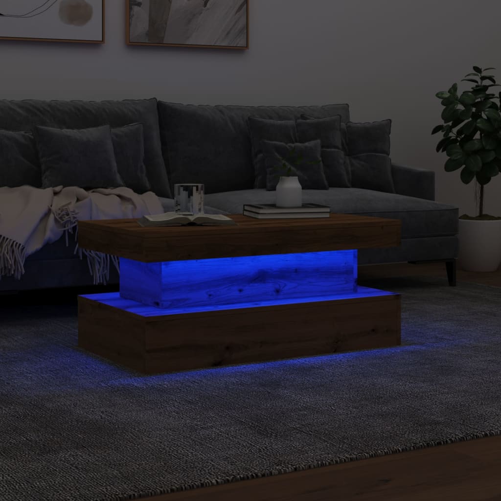 vidaXL Mesa de centro con luces LED roble artisian 90x50x40 cm