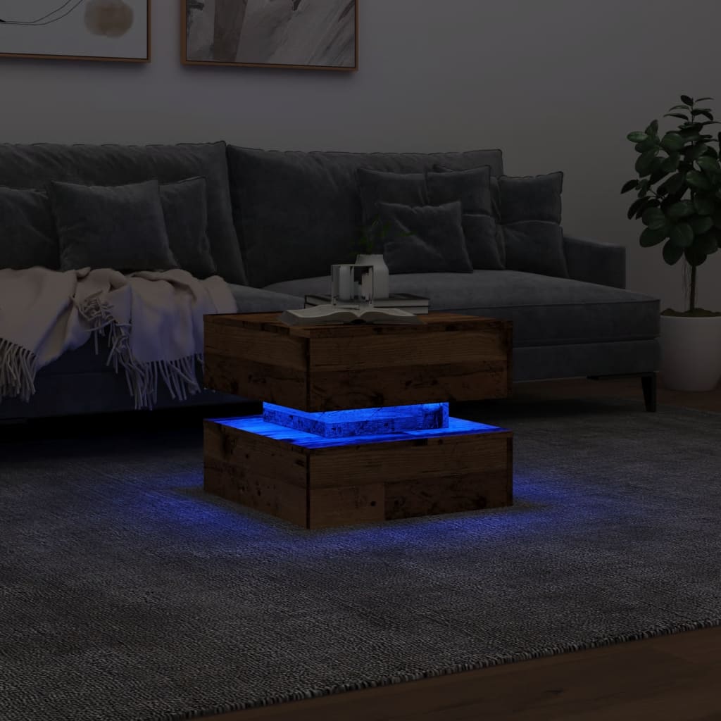 vidaXL Mesa de centro con luces LED madera envejecida 50x50x40 cm