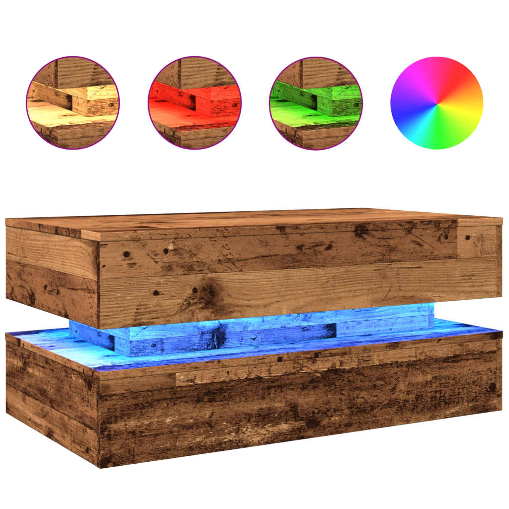 vidaXL Mesa de centro con luces LED madera envejecida 90x50x40 cm