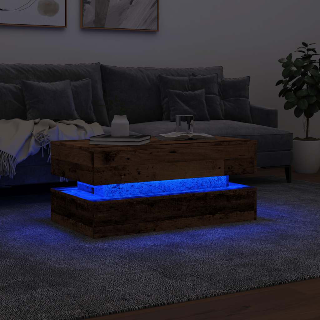 vidaXL Mesa de centro con luces LED madera envejecida 90x50x40 cm