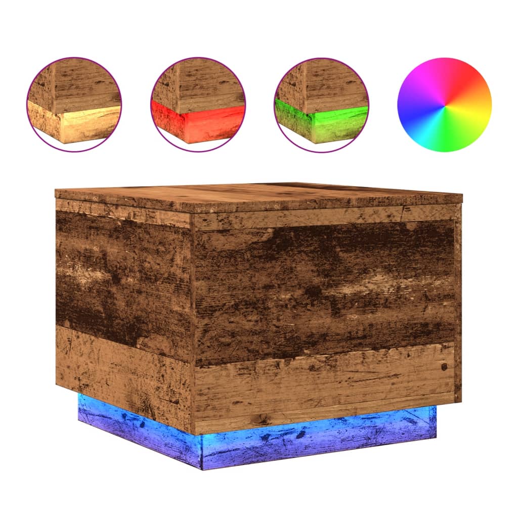 vidaXL Mesa de centro con luces LED madera envejecida 50x50x40 cm