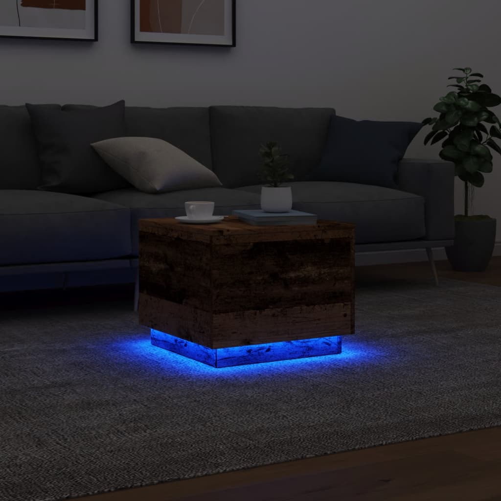 vidaXL Mesa de centro con luces LED madera envejecida 50x50x40 cm