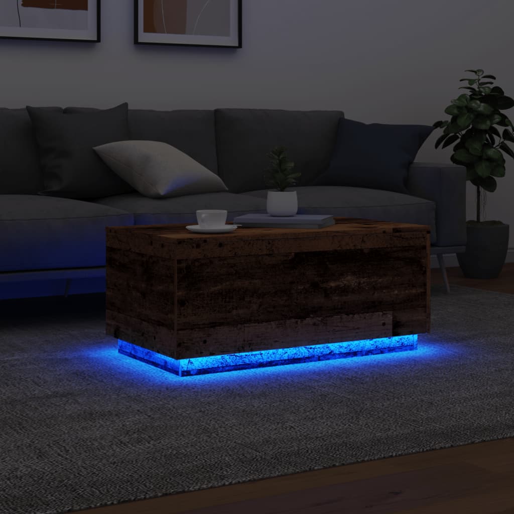 vidaXL Mesa de centro con luces LED madera envejecida 90x50x40 cm