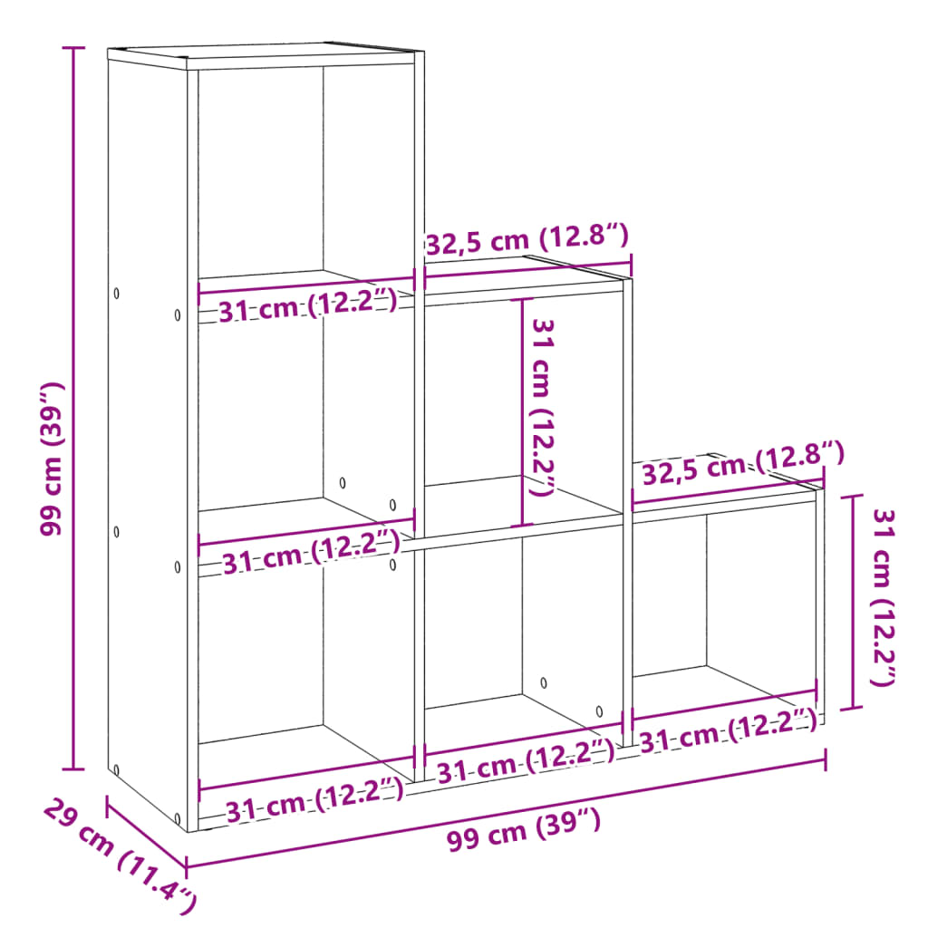 vidaXL Librería divisor 3 niveles madera ingeniería negro 99x29x99 cm