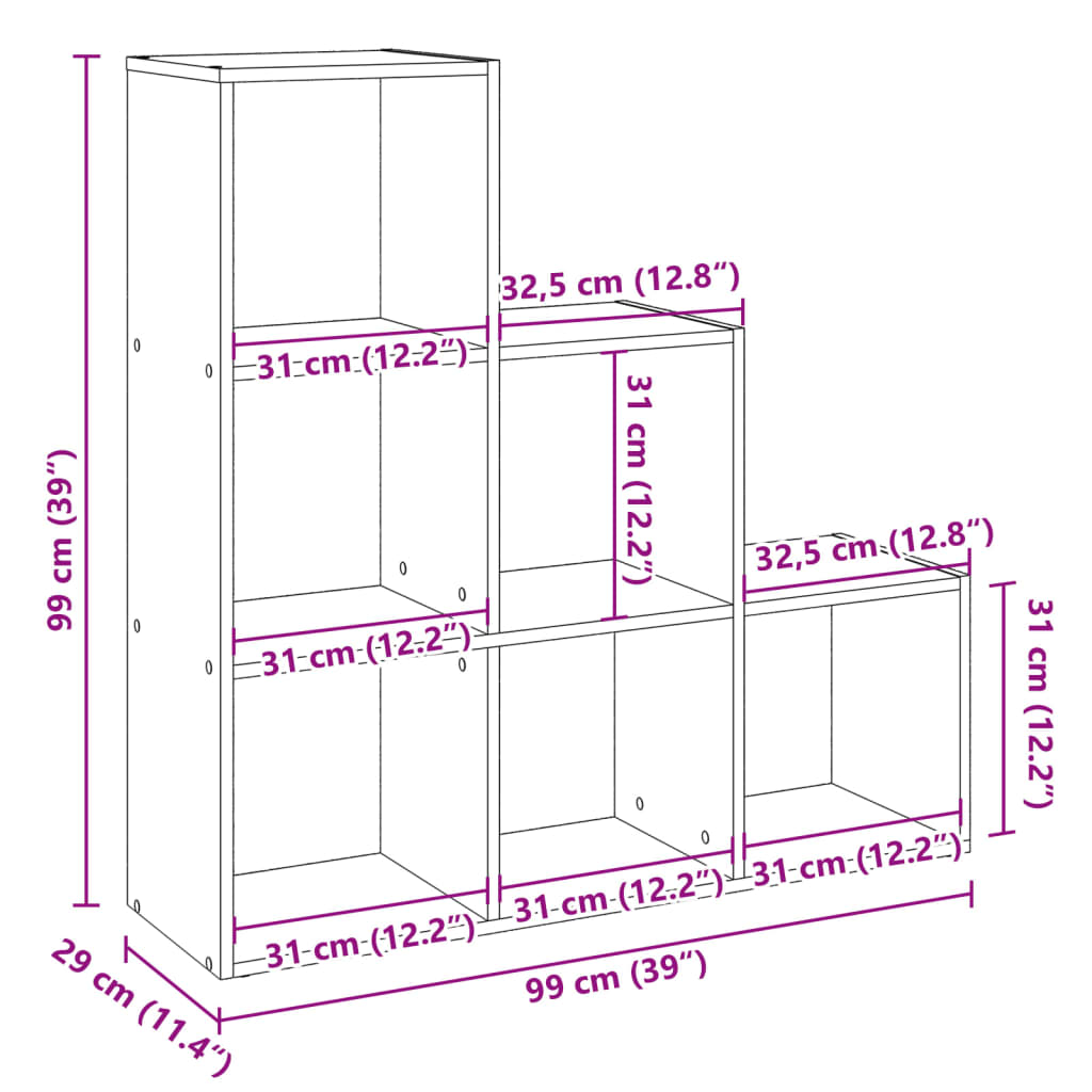 vidaXL Librería divisor 3 niveles madera gris hormigón 99x29x99 cm