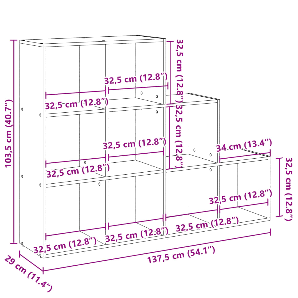 vidaXL Librería divisora 3 niveles madera gris Sonoma 137,5x29x103,5cm