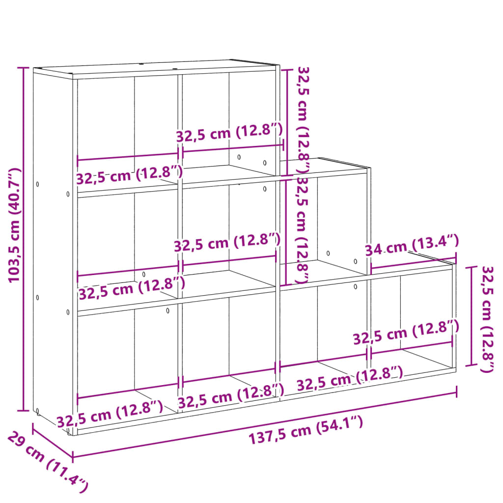 vidaXL Librería divisora 3 niveles roble artisan 137,5x29x103,5 cm