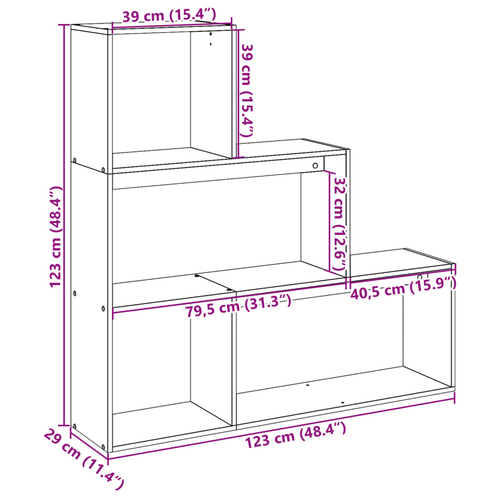 vidaXL Librería divisora 3 niveles madera roble Sonoma 123x29x123 cm