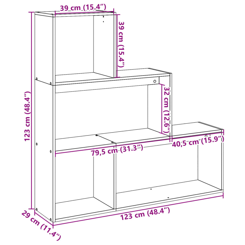 vidaXL Librería divisora 3 niveles madera roble ahumado 123x29x123 cm