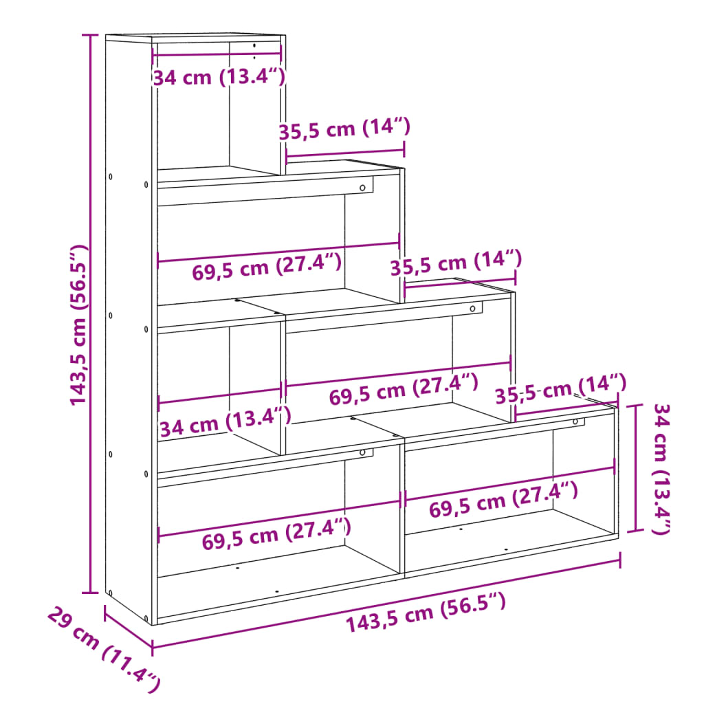 vidaXL Librería divisora 4 niveles madera blanca 143,5x29x143,5 cm