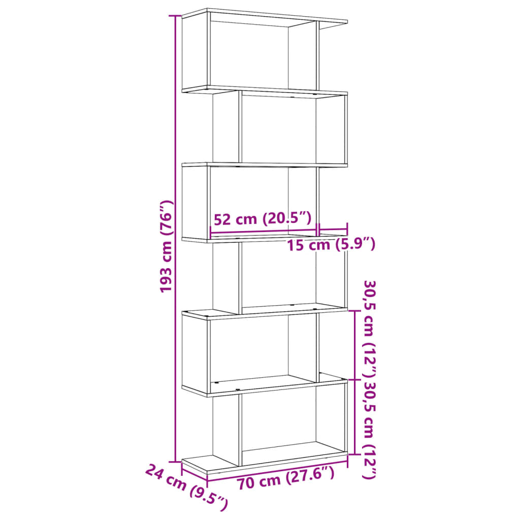 vidaXL Librería divisora 6 niveles madera gris hormigón 70x24x193 cm