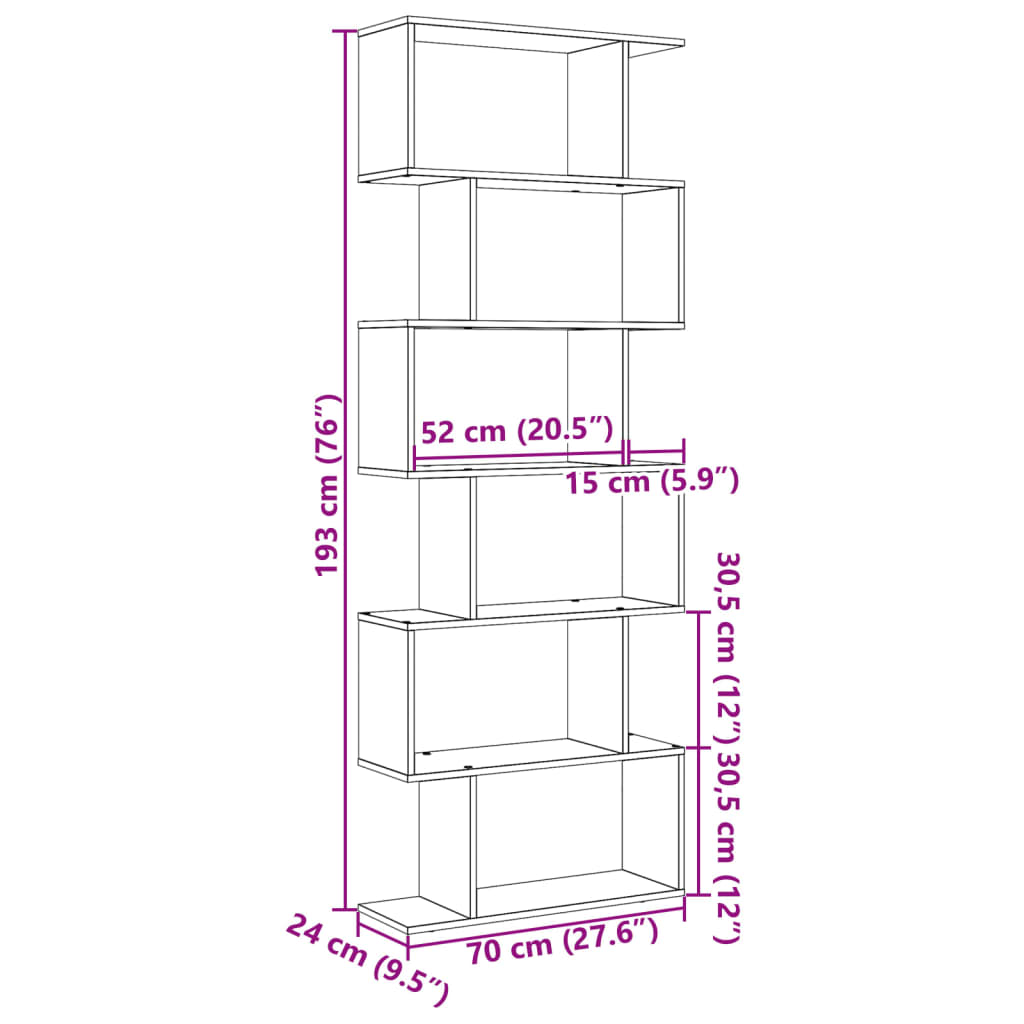 vidaXL Librería divisora 6 niveles madera roble ahumado 70x24x193 cm