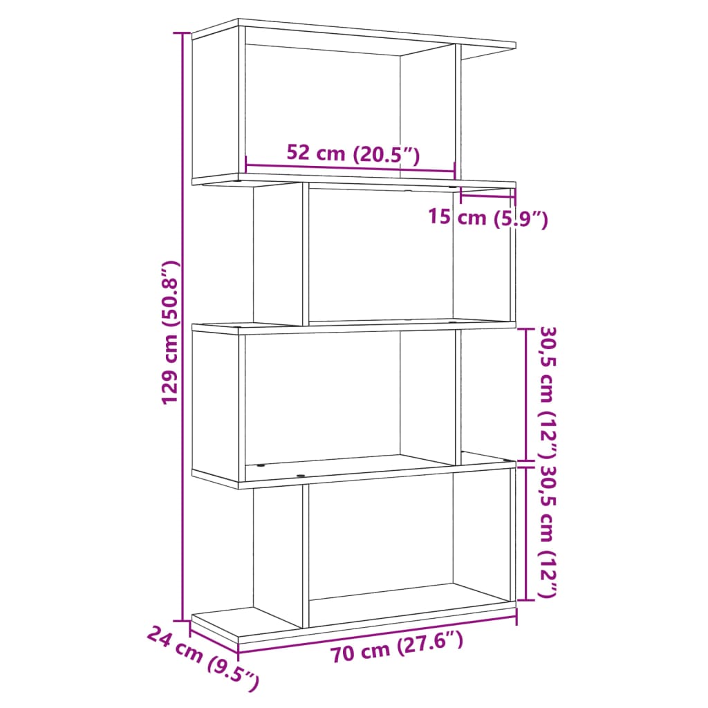 vidaXL Librería divisora 4 niveles madera gris hormigón 70x24x129 cm