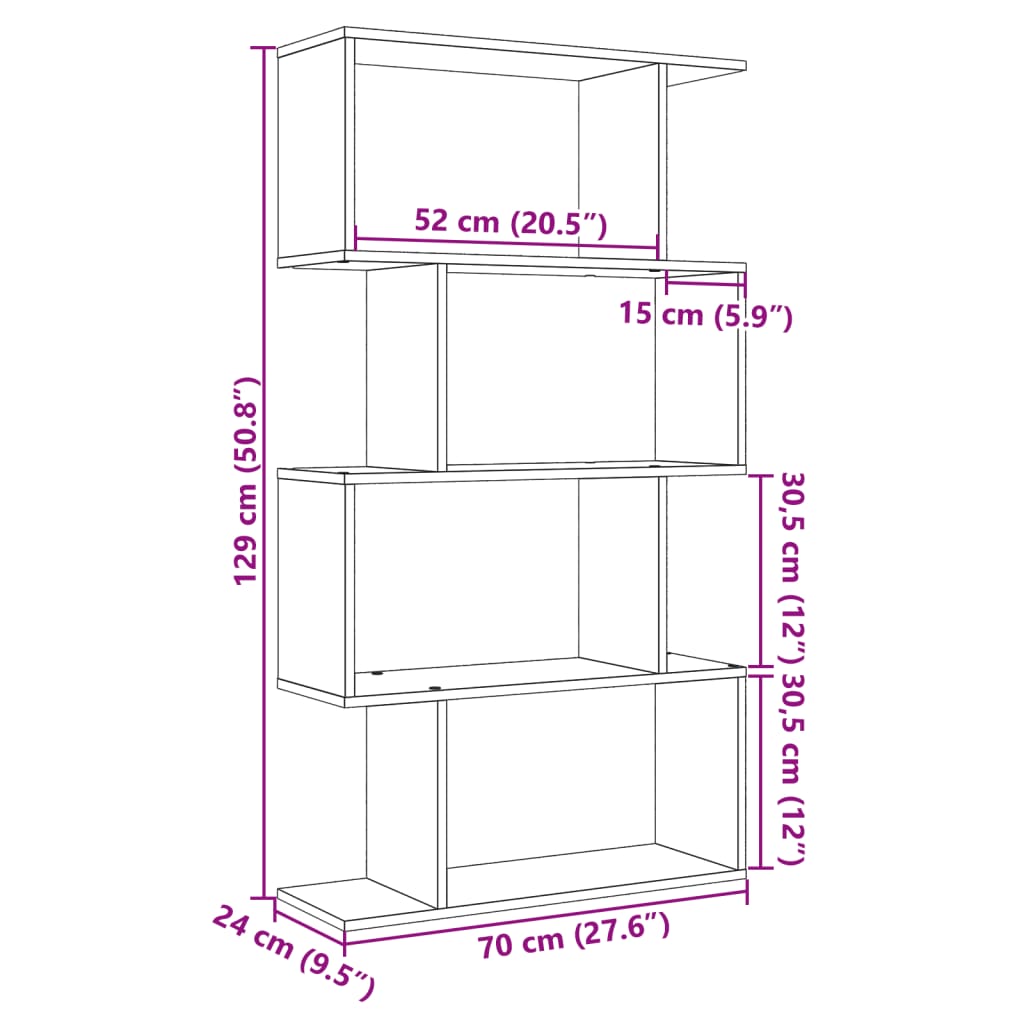 vidaXL Librería divisora 4 niveles madera envejecida 70x24x129 cm