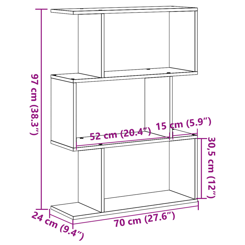 vidaXL Librería divisora 3 niveles madera roble Sonoma 70x24x97 cm