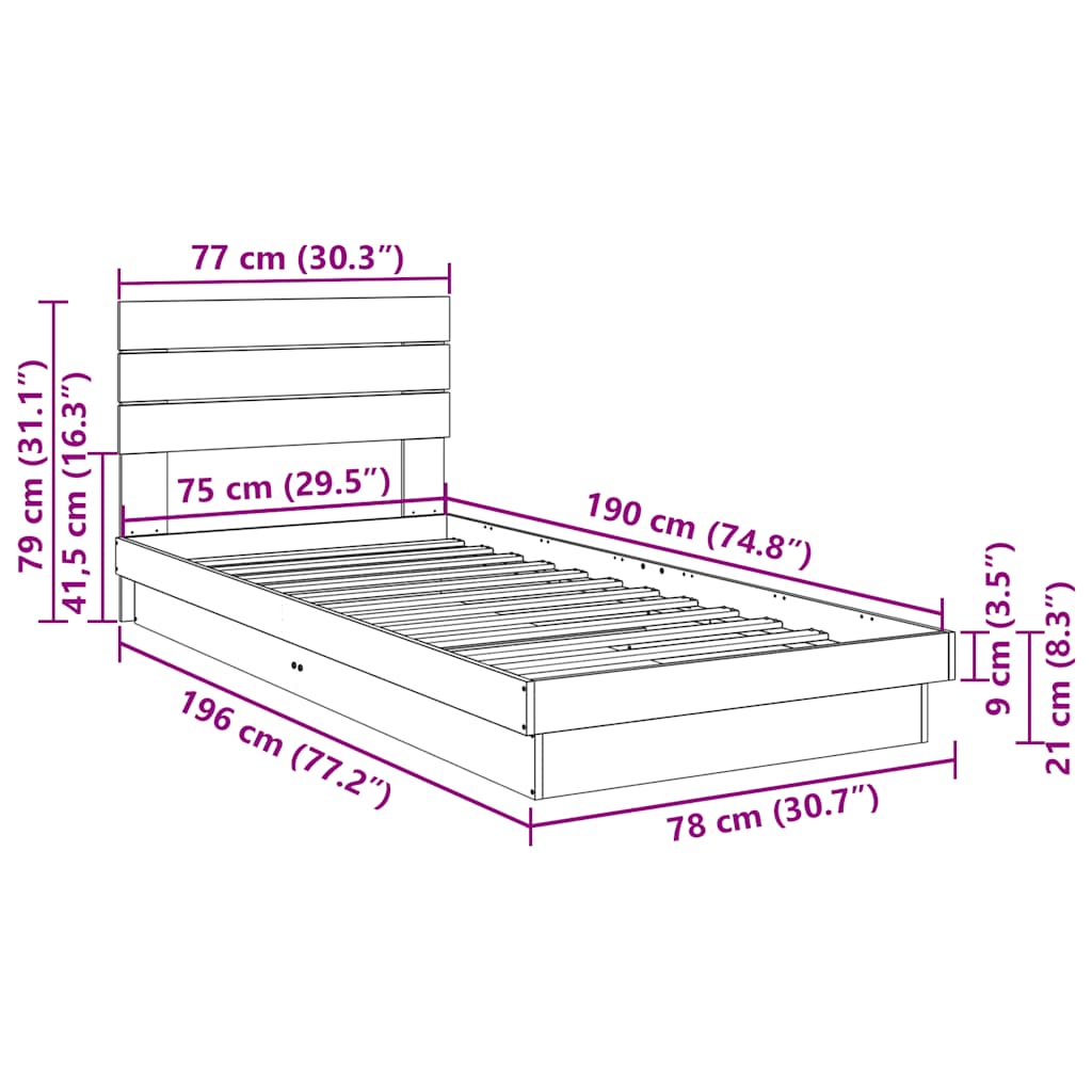 vidaXL Estructura de cama con cabecero sin colchón 75x190 cm