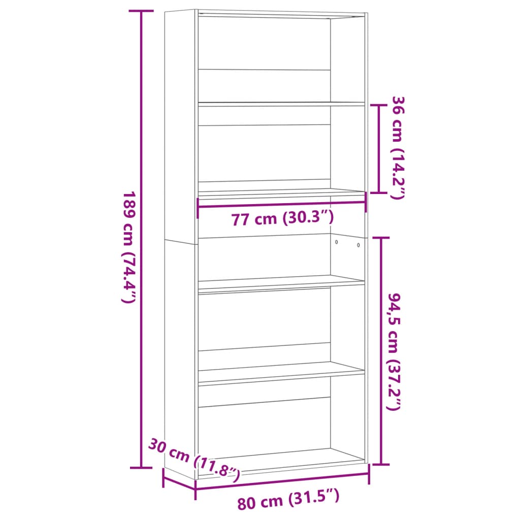 vidaXL Estantería madera ingeniería negra 80x30x189 cm