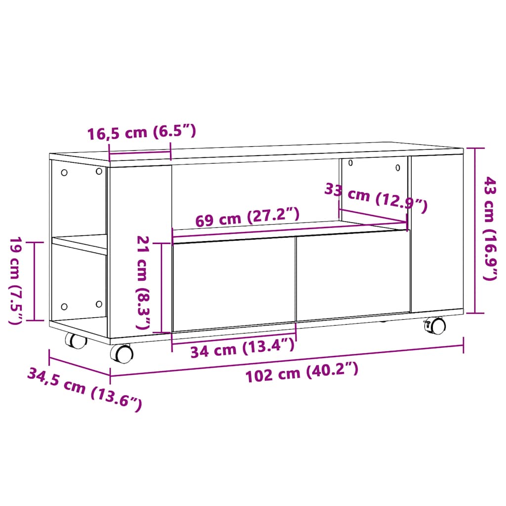 vidaXL Mueble TV con ruedas madera ingeniería envejecida 102x34,5x43cm