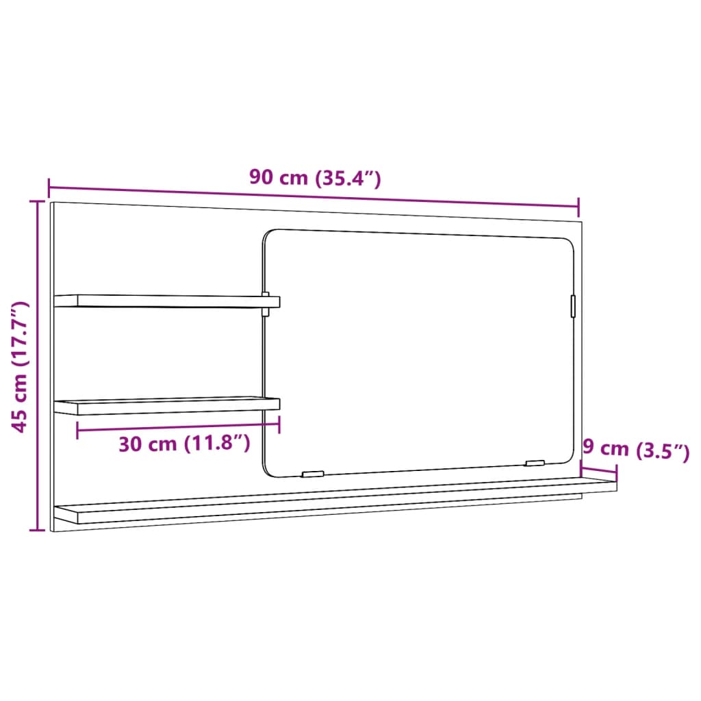 vidaXL Espejo mueble baño madera ingeniería roble Sonoma 90x11x45 cm