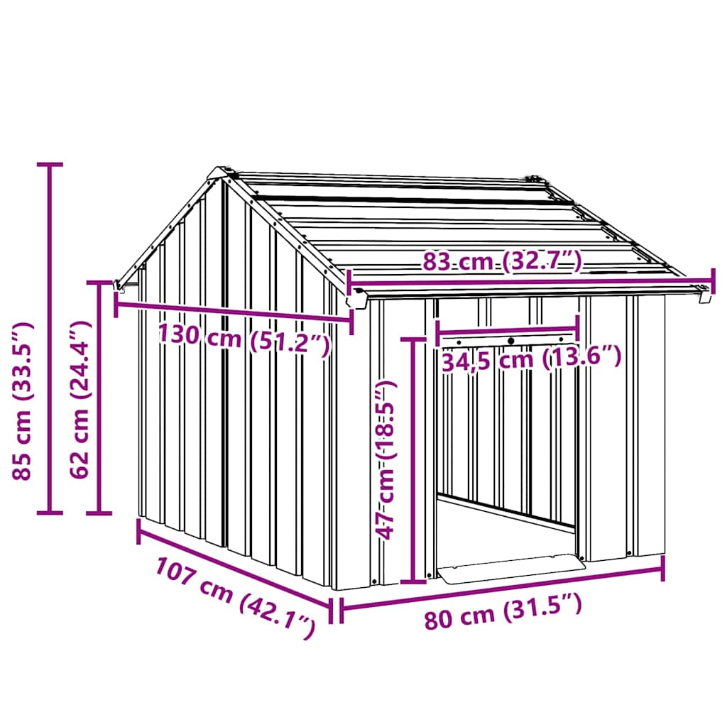 vidaXL Caseta para perros con techo acero galvanizado 83x130x85 cm