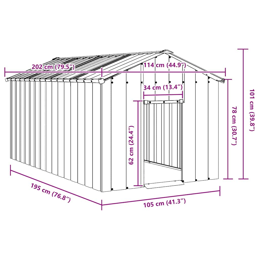 vidaXL Caseta para perros con techo acero galvanizado 114x202x101 cm