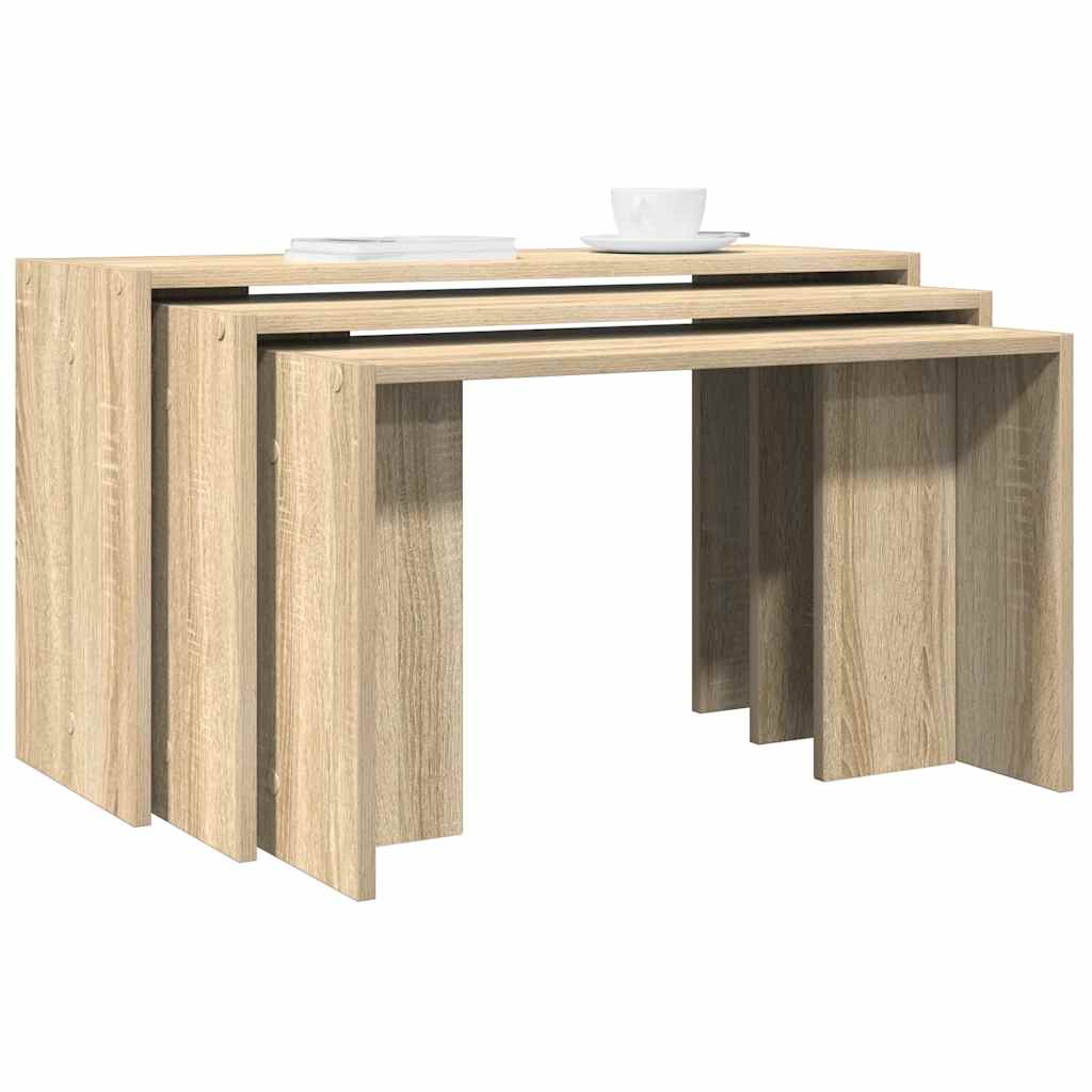 vidaXL Mesas apilables 3 pzas madera contrachapada color roble Sonoma