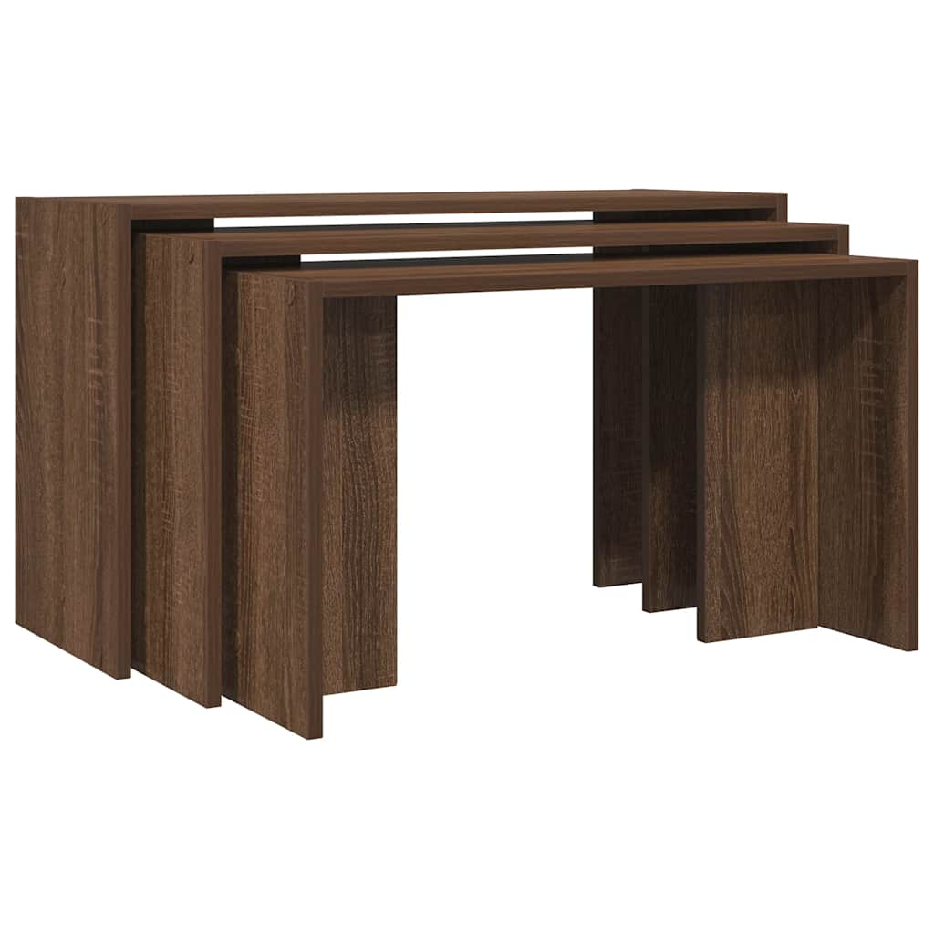 vidaXL Mesas apilables 3 pzas madera contrachapada color roble marrón