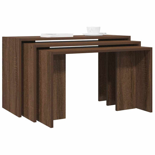 vidaXL Mesas apilables 3 pzas madera contrachapada color roble marrón