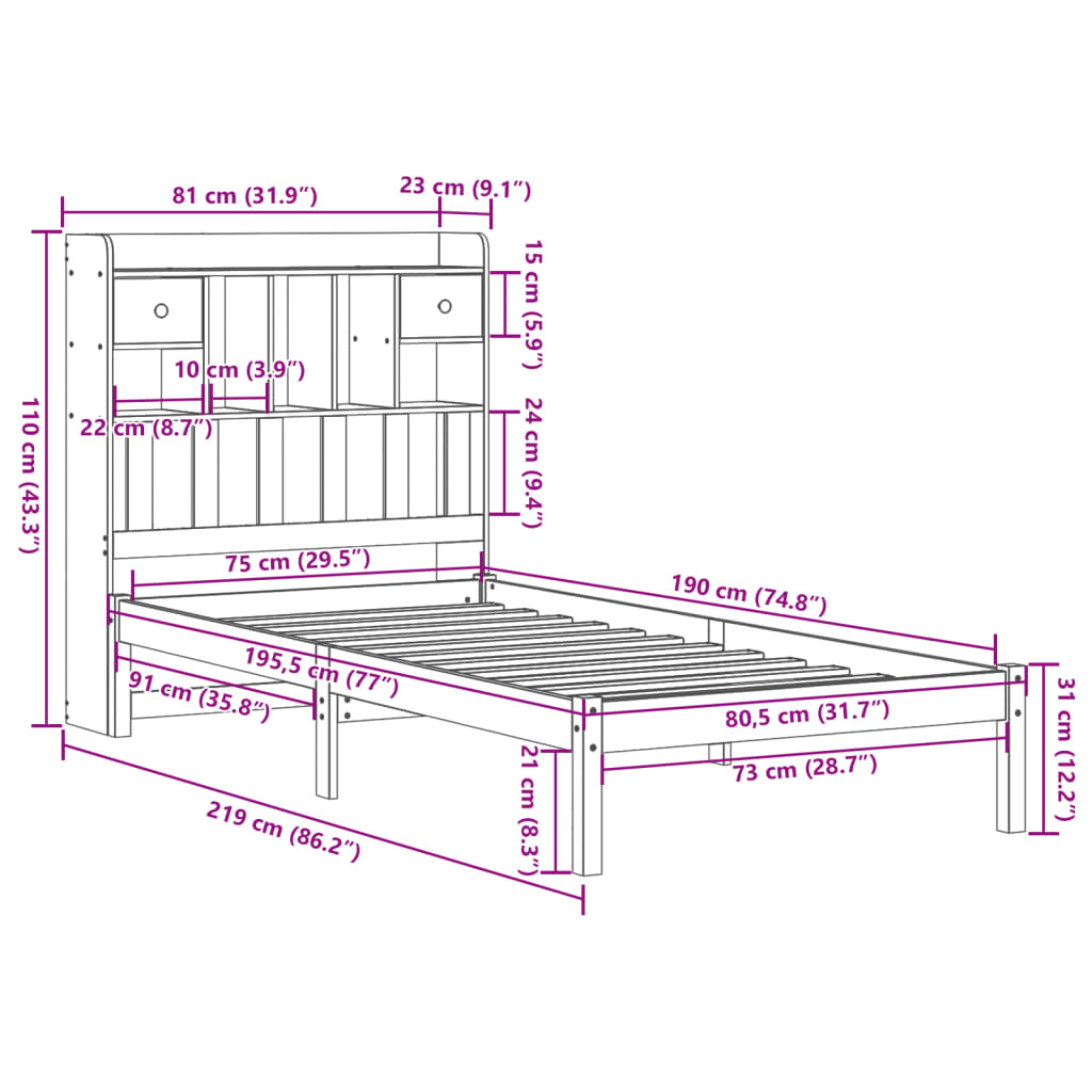 vidaXL Cama con estantería sin colchón madera maciza de pino 75x190 cm