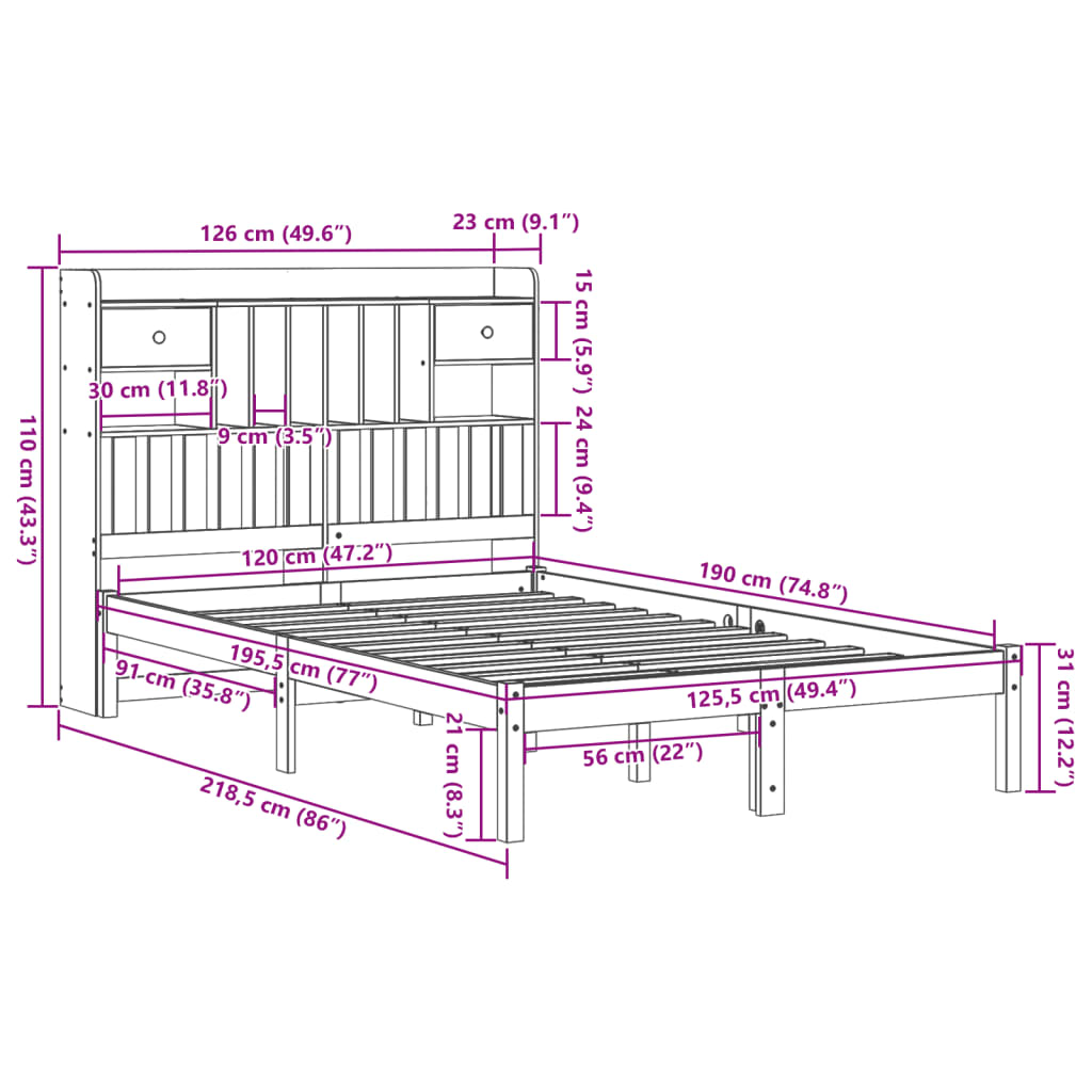 vidaXL Cama con estantería sin colchón madera maciza de pino 120x190cm