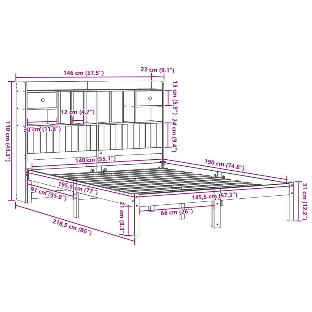 vidaXL Cama con estantería sin colchón madera maciza de pino 140x190cm