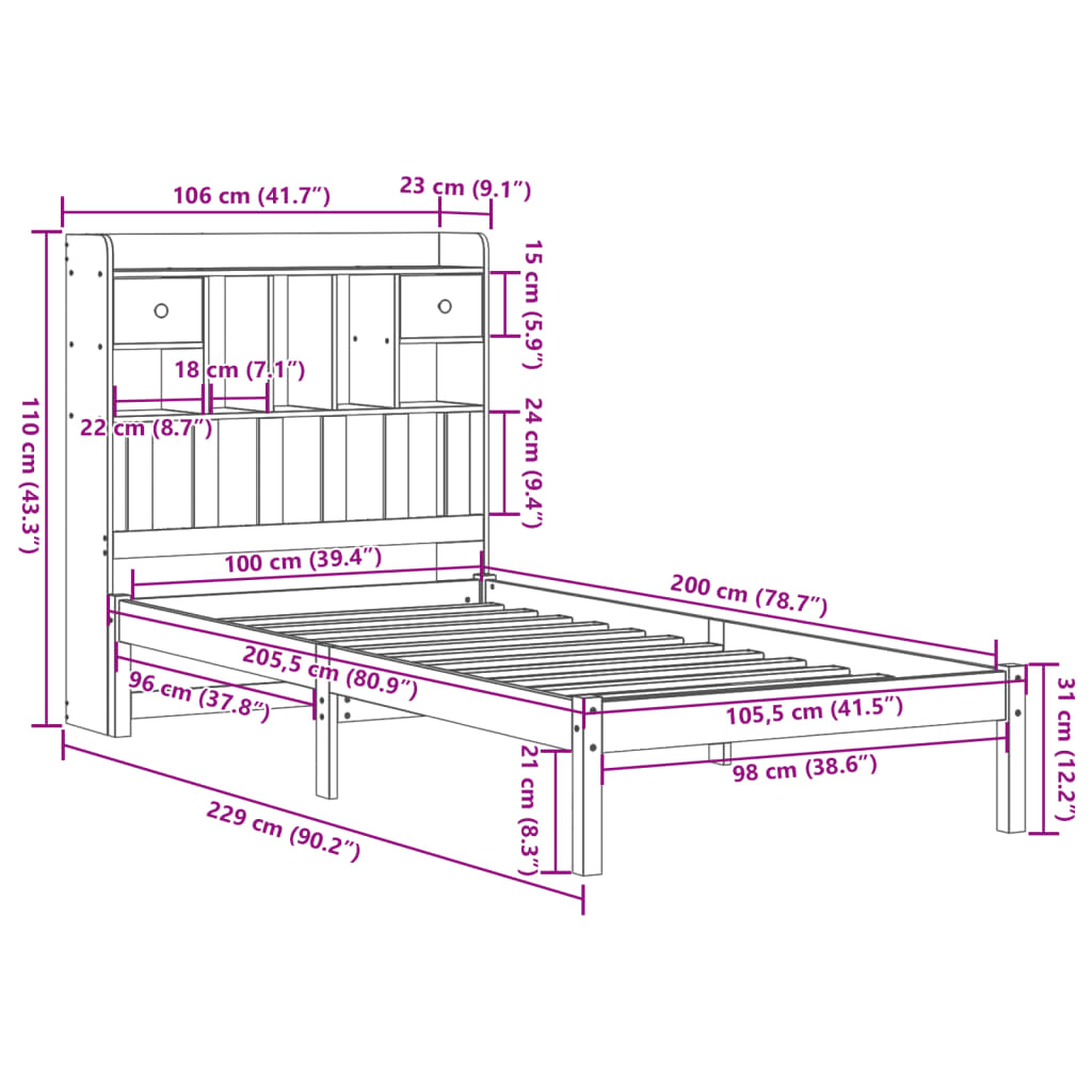 vidaXL Cama con estantería sin colchón madera maciza de pino 100x200cm