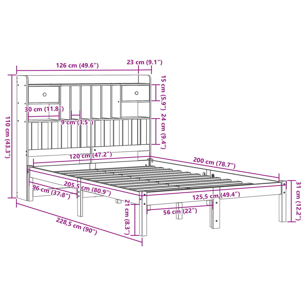 vidaXL Cama con estantería sin colchón madera maciza de pino 120x200cm