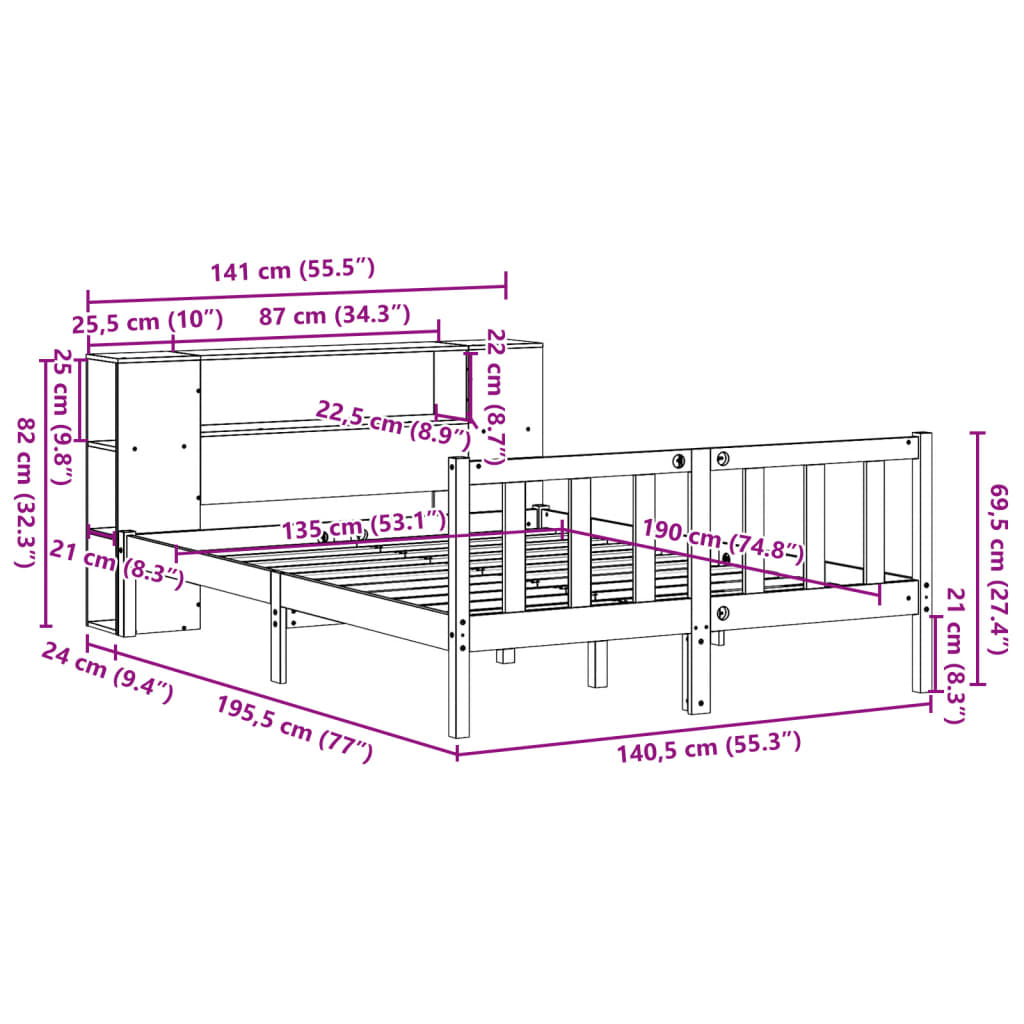 vidaXL Cama con estantería sin colchón madera maciza de pino 135x190cm