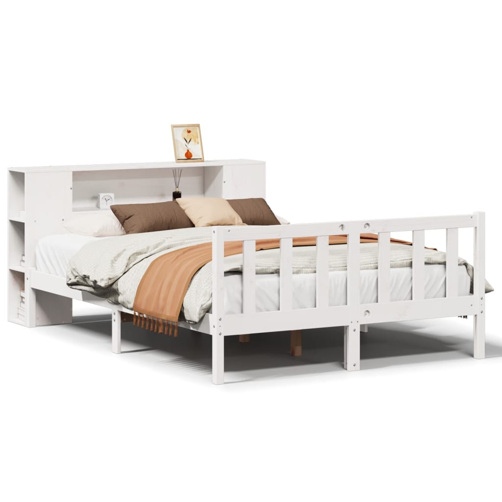 vidaXL Cama con estantería sin colchón madera maciza blanca 135x190 cm