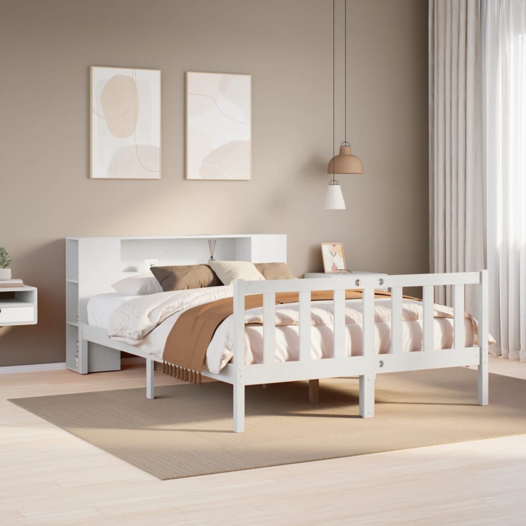 vidaXL Cama con estantería sin colchón madera maciza blanca 135x190 cm