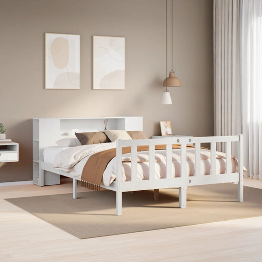 vidaXL Cama con estantería sin colchón madera maciza blanca 135x190 cm