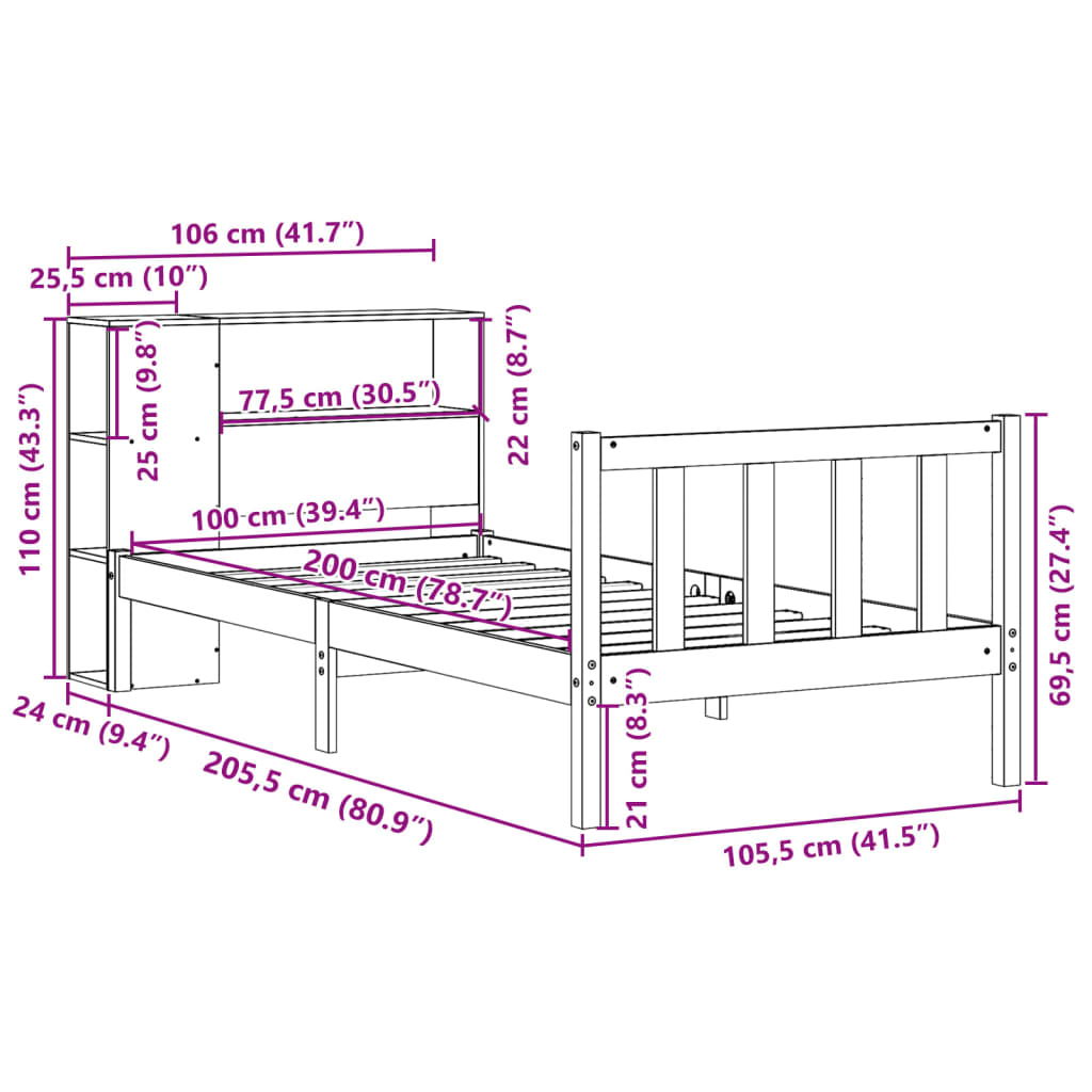 vidaXL Cama con estantería sin colchón madera maciza de pino 100x200cm