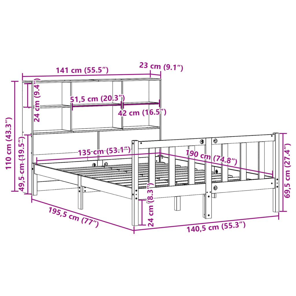 vidaXL Cama con estantería sin colchón madera maciza de pino 135x190cm