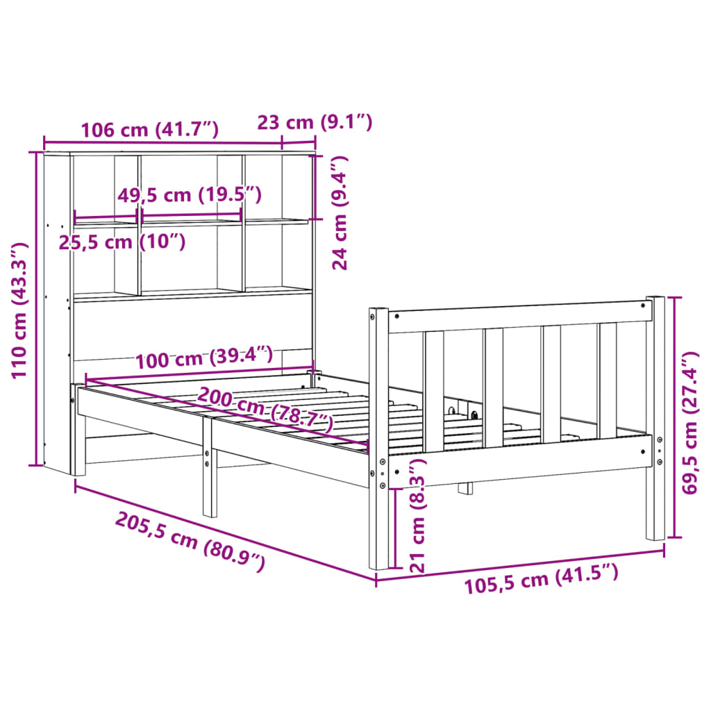 vidaXL Cama con estantería sin colchón madera maciza de pino 100x200cm