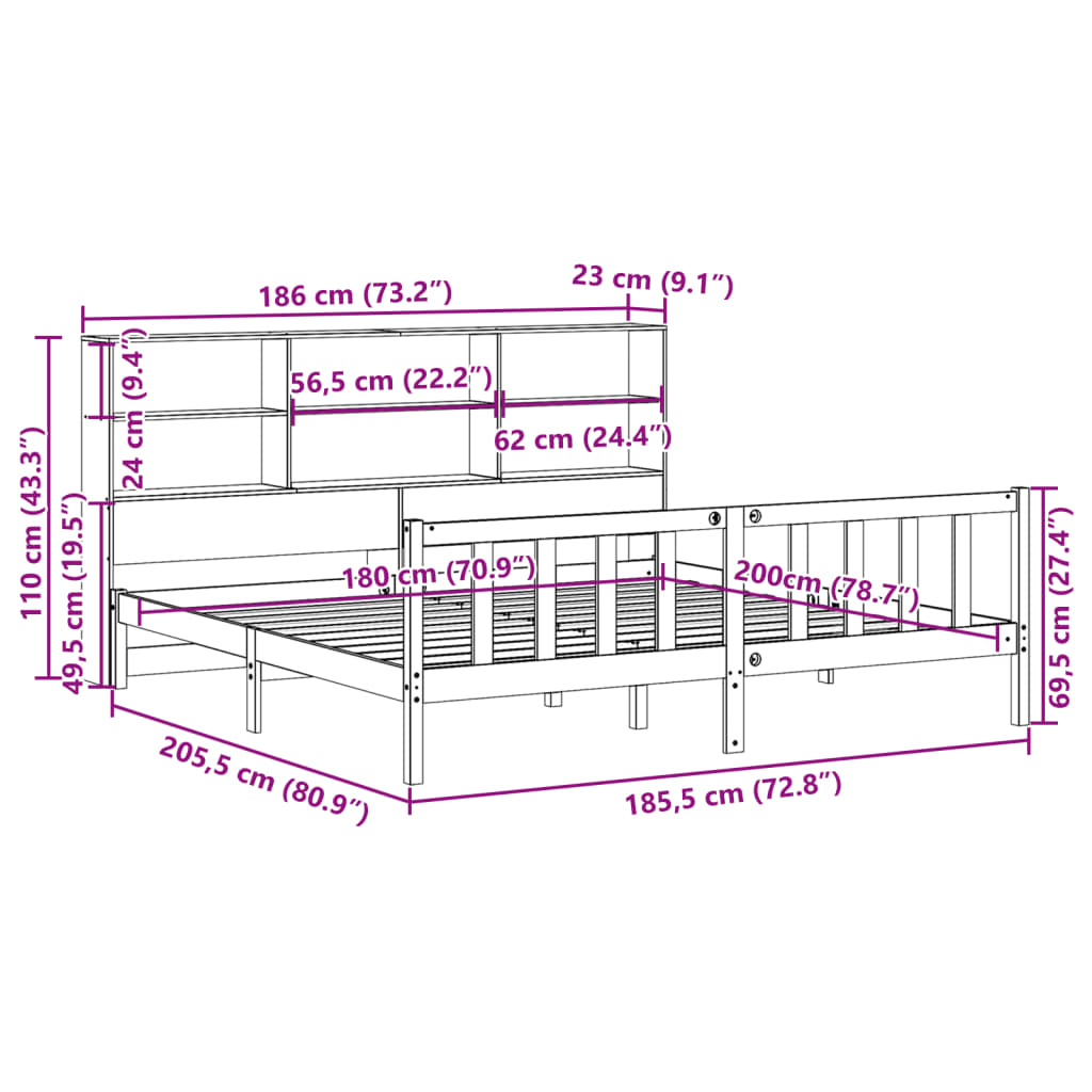 vidaXL Cama con estantería sin colchón madera maciza de pino 180x200cm